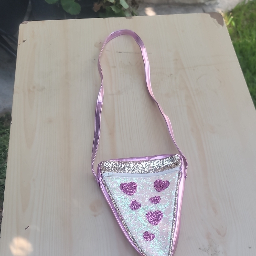Pink Glitter slice of my Heart Crossbody Bag purse novelty pizza pink silver